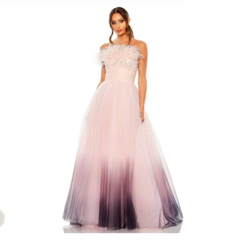 Mac Duggal 20557 Feather Strapless Tulle Ombre Dress Princess Gown
